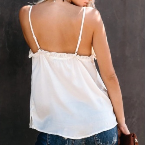 New White Ruffle Spaghetti Strap Tank Top - Picture 3 of 4